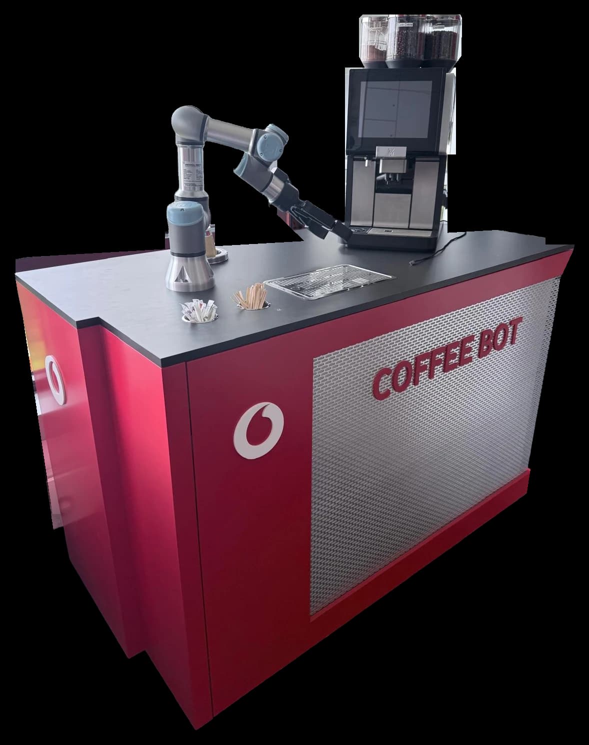 Coffee Bot als stationäre Kaffeestation mit Roboterarm und Kaffeemaschine.