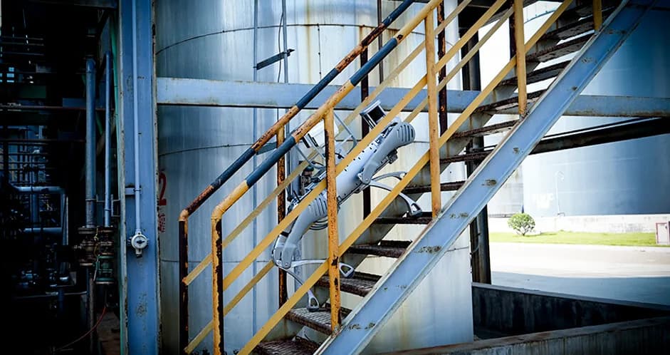 Unitree B2 auf einer Treppe in einer industriellen Umgebung.