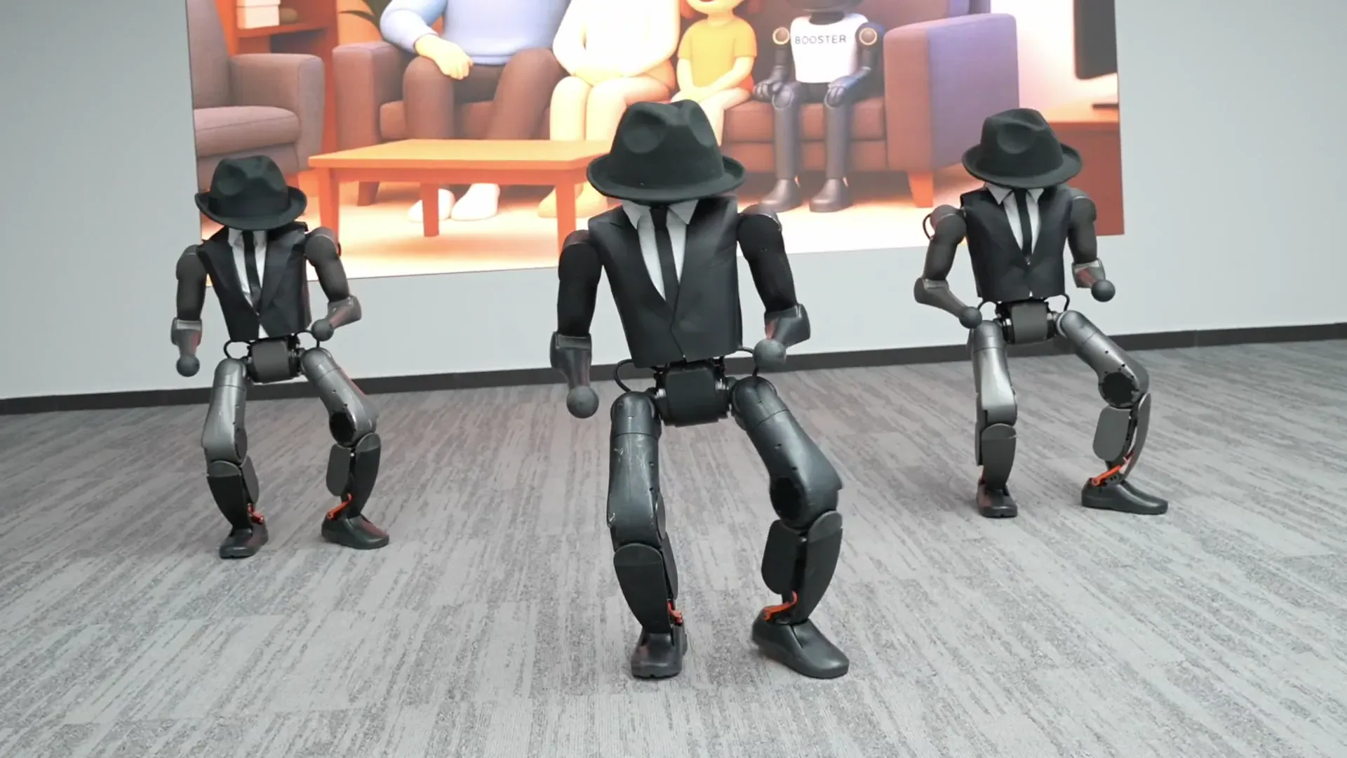 Booster-K1-Roboter zeigen einen gemeinsamen Bewegungsablauf.